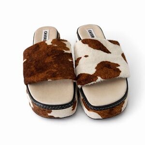CAVERLEY Tammy Cow Print Pony Hair Platform Slides Leather Wedge Sandals Size 8